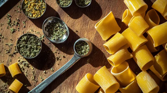 Uncooked ditali pasta on a wooden surface with herbs