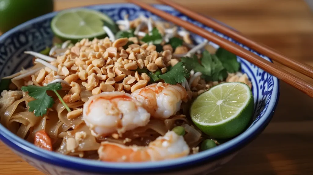 Pad Thai with chicken and shrimp in a traditional Thai bowl