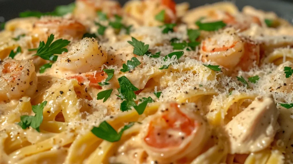 Cajun chicken and shrimp pasta served with creamy fettuccine and parsley.