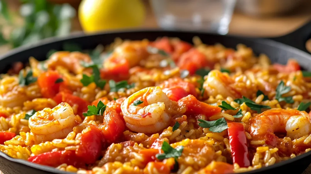 Cajun shrimp jambalaya in a pan