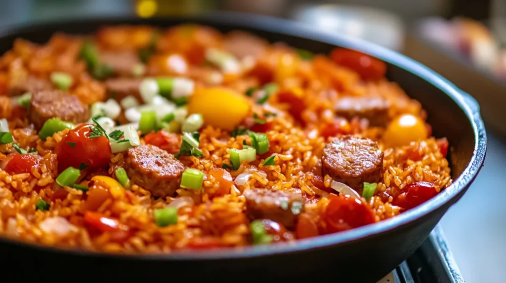 Skillet of Charleston red rice with sausage and vegetables