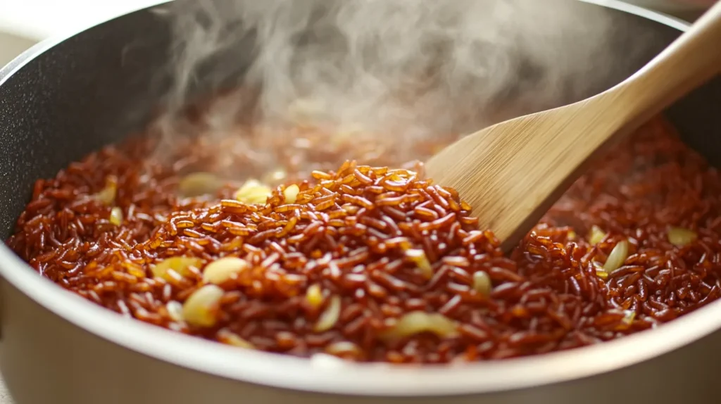 Red rice being stirred in a pot with onions and garlic.