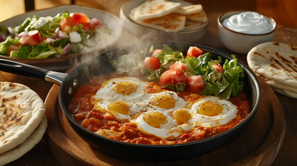 Eggs added to Shakshuka tomato sauce in a pan