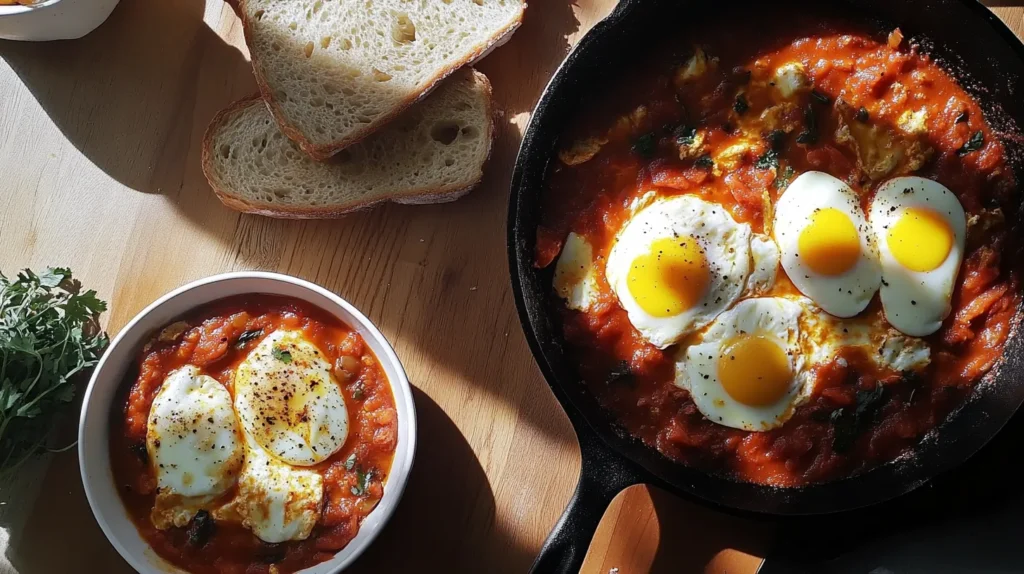 Turkish eggs and Shakshuka breakfast spread with bread and herbs