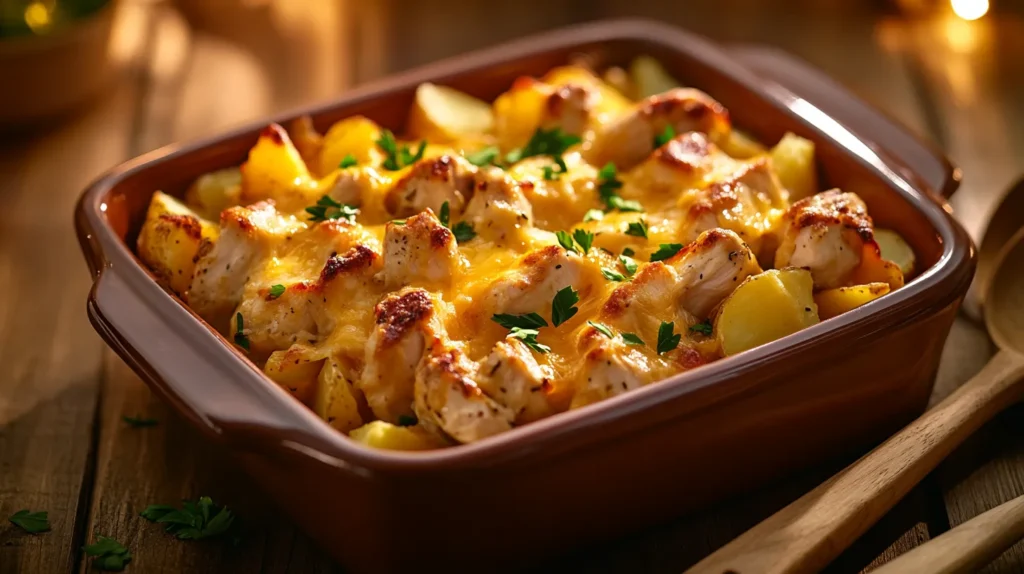 Comforting diced chicken casserole with melted cheese and potatoes.