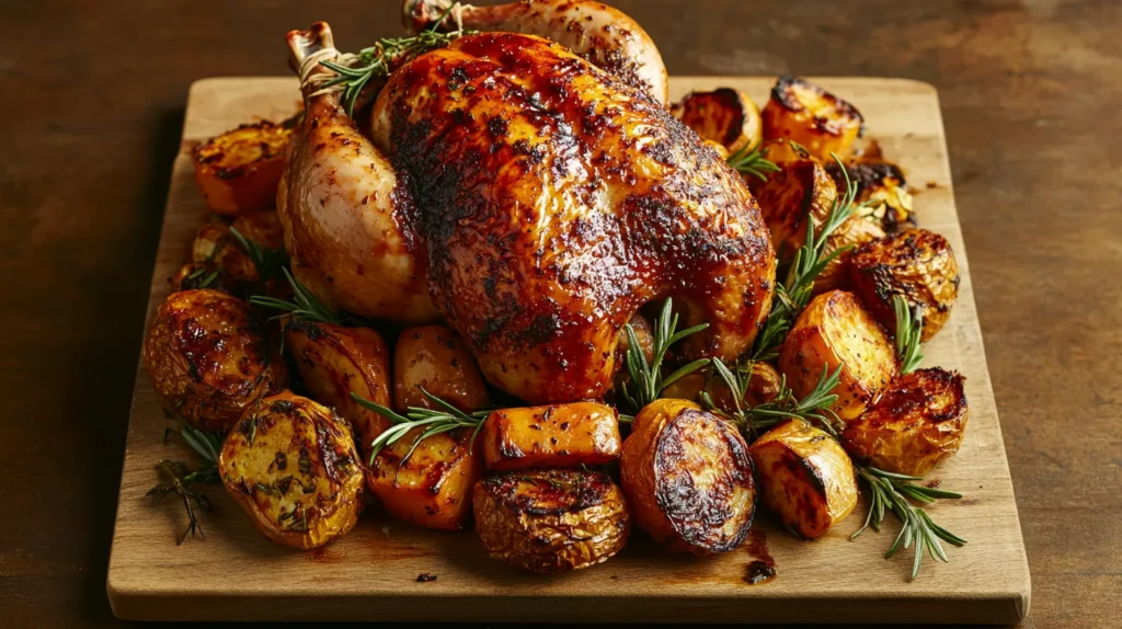 Golden brown roasted whole chicken on a wooden board with vegetables