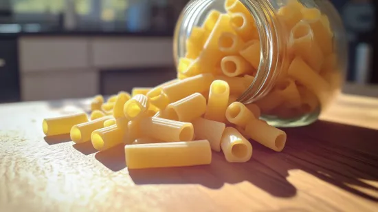 Uncooked ditalini pasta spilling from a jar