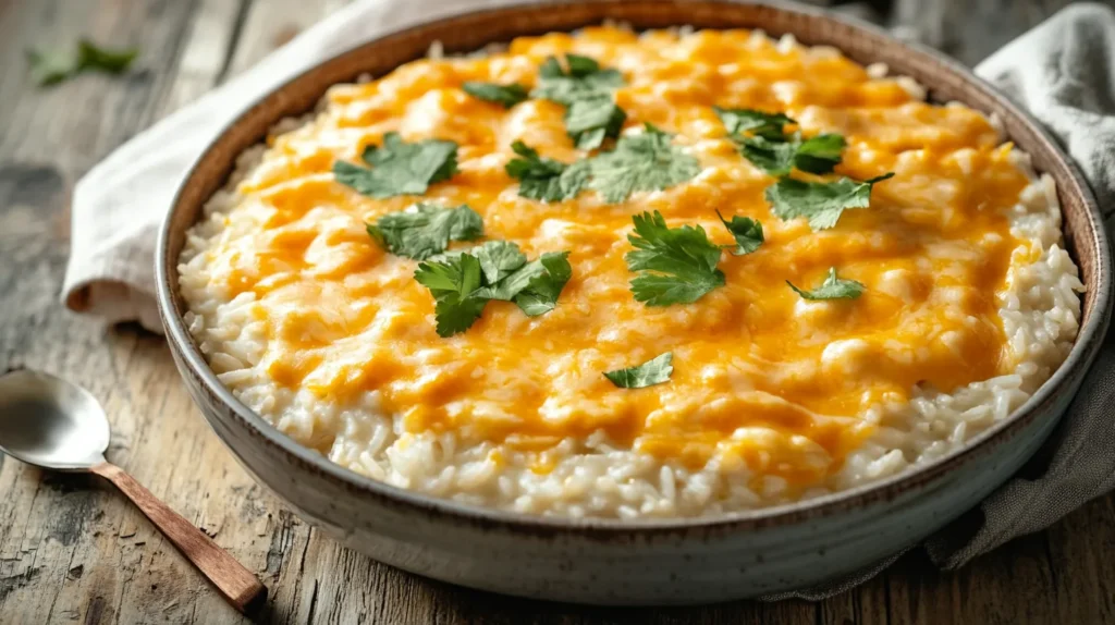 Bowl of cheesy rice topped with melted cheddar and herbs.