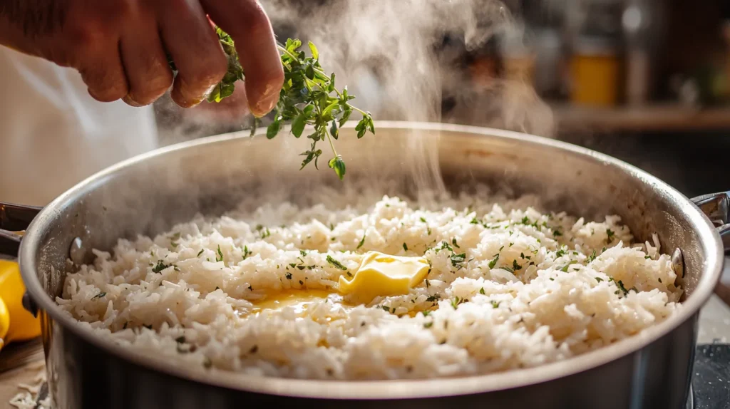 Gordon Ramsay adding butter and herbs to rice in a kitchen.