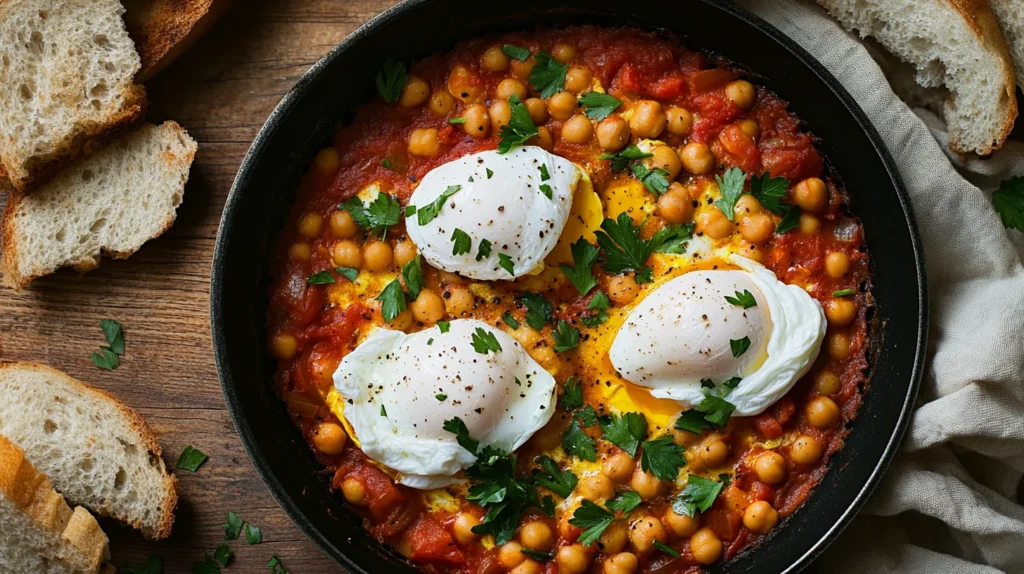 Vibrant chickpea shakshuka with eggs served in a skillet