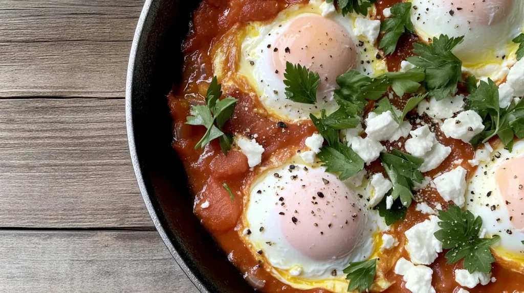 A skillet of shakshuka with poached eggs and fresh parsley.