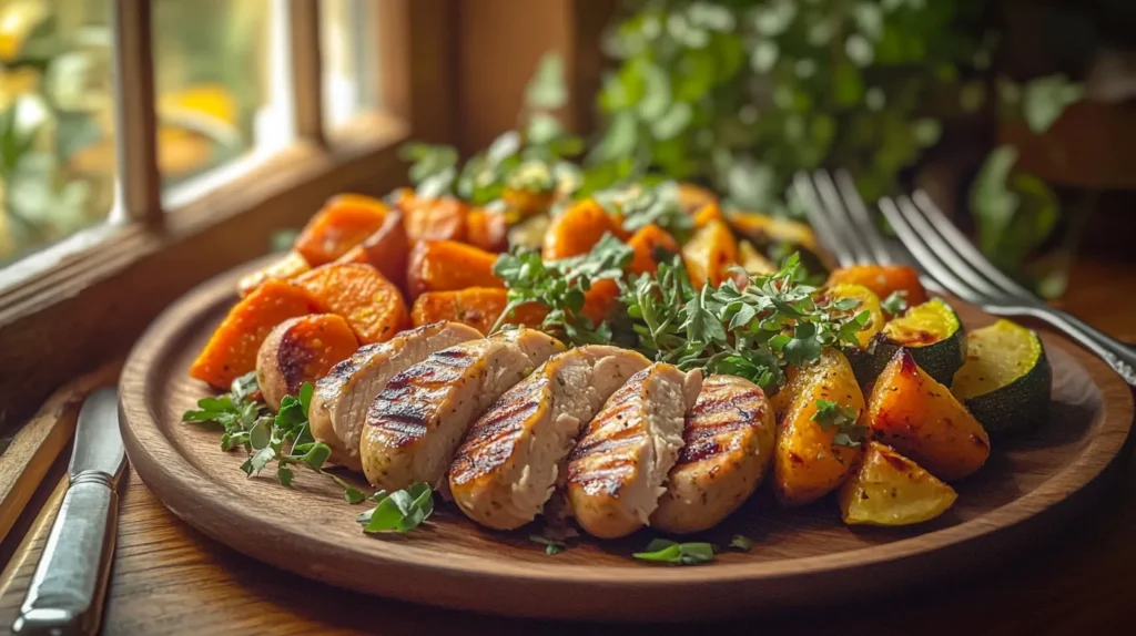 Chicken apple sausages with roasted vegetables on a rustic plate