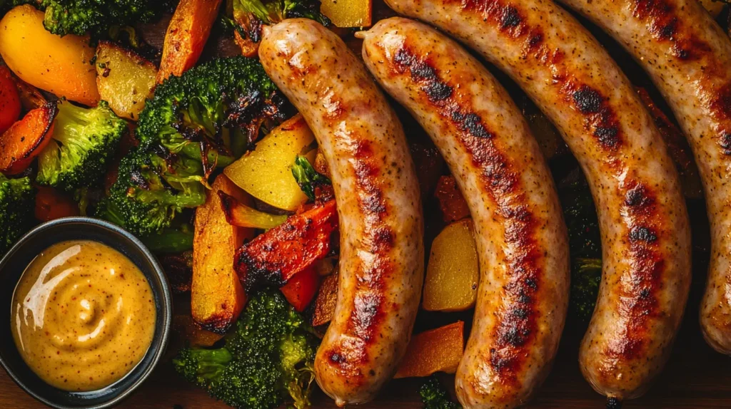 Flat-lay of chicken apple sausage with roasted vegetables on a rustic kitchen table