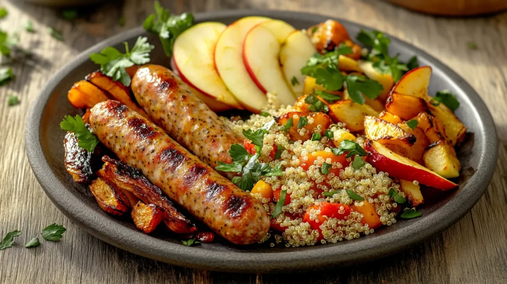 Chicken apple sausage with roasted vegetables and quinoa.