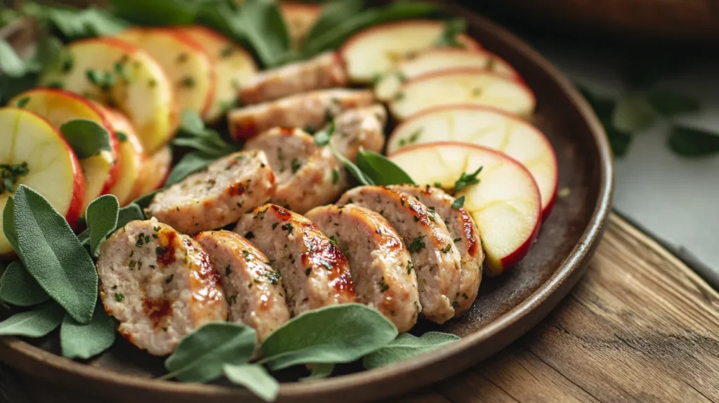 A plate of sliced chicken apple sausage with apple slices and sage