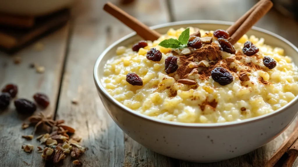 Bowl of creamy sweet rice pudding garnished with cinnamon and nuts