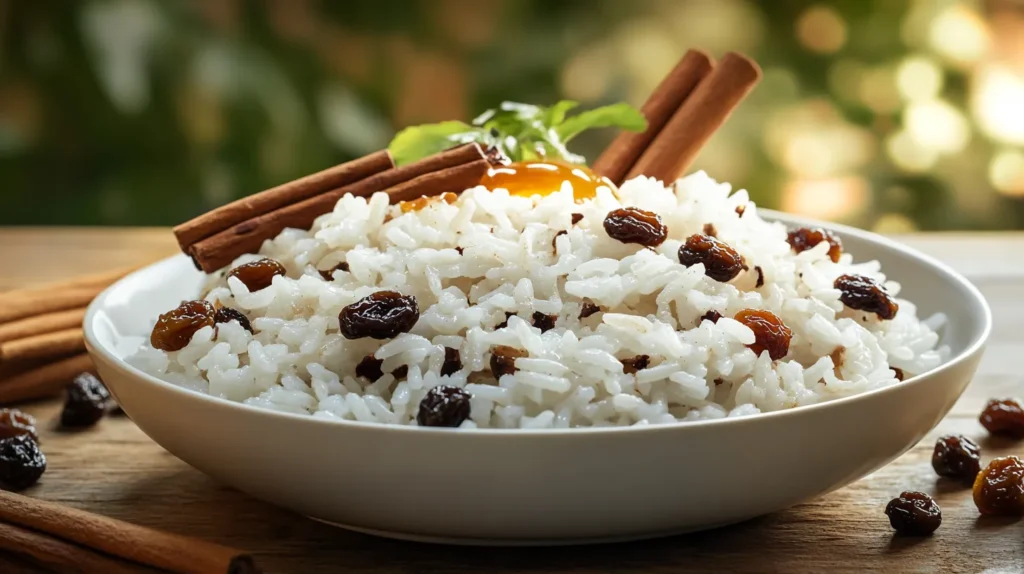 Sweetened rice garnished with cinnamon, raisins, and honey on a wooden table