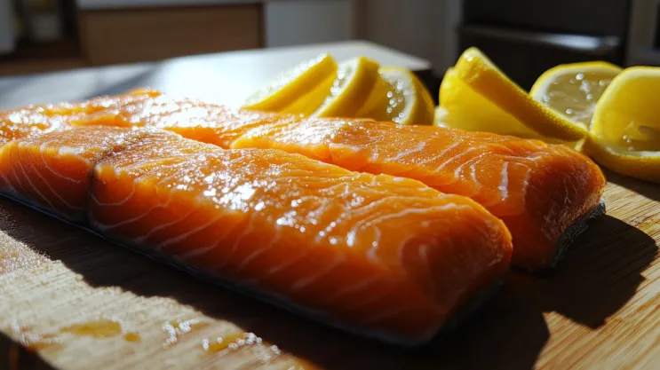 Raw coho salmon fillet with lemon slices