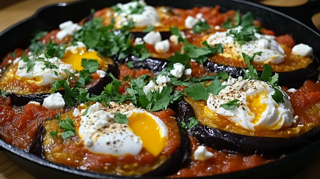 Eggplant shakshuka with poached eggs and feta cheese