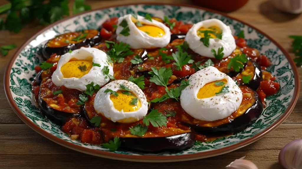 Eggplant shakshuka with poached eggs on a rustic table