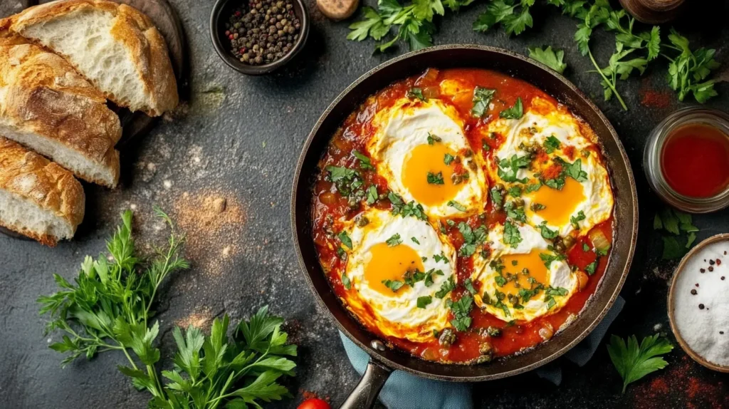 Skillet of shakshuka with bread and herbs on a breakfast table