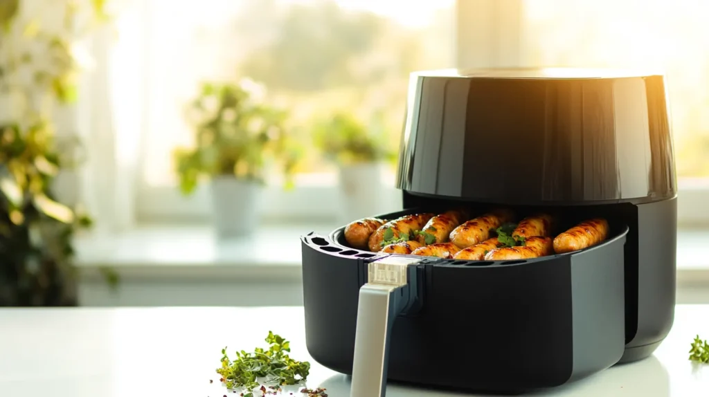 Golden-brown chicken sausages cooked in an air fryer