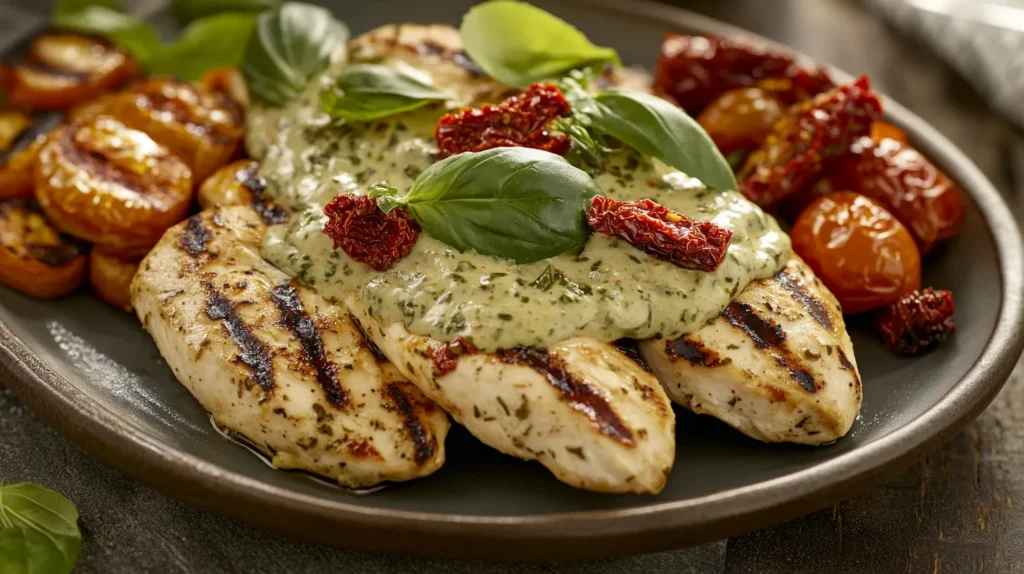 Plate of Chicken Bryan with creamy basil sauce and sun-dried tomatoes