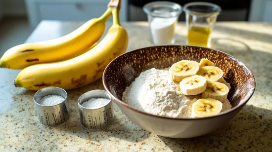 Overripe bananas and essential ingredients for no-butter banana bread.