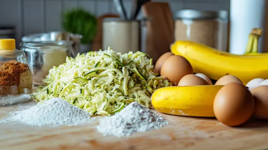 Ingredients for making zucchini banana bread laid out on a countertop.