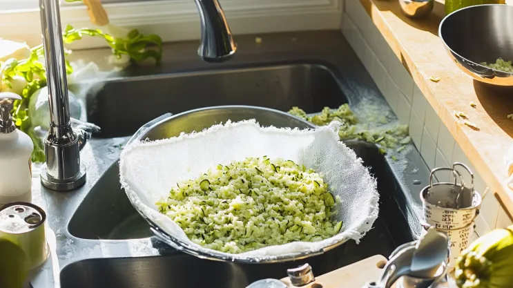 Grated zucchini being squeezed in a cheesecloth to remove excess water.