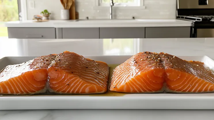 Side-by-side image of a fresh King Salmon fillet and a vacuum-sealed frozen fillet.