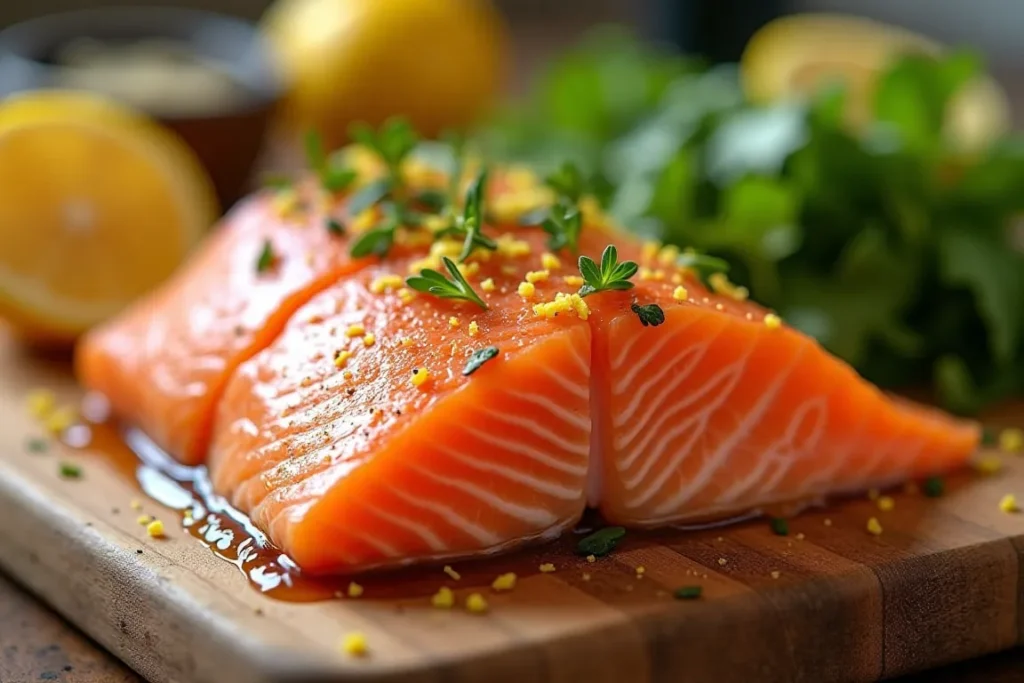 Pan-seared coho salmon in a skillet with golden crust.