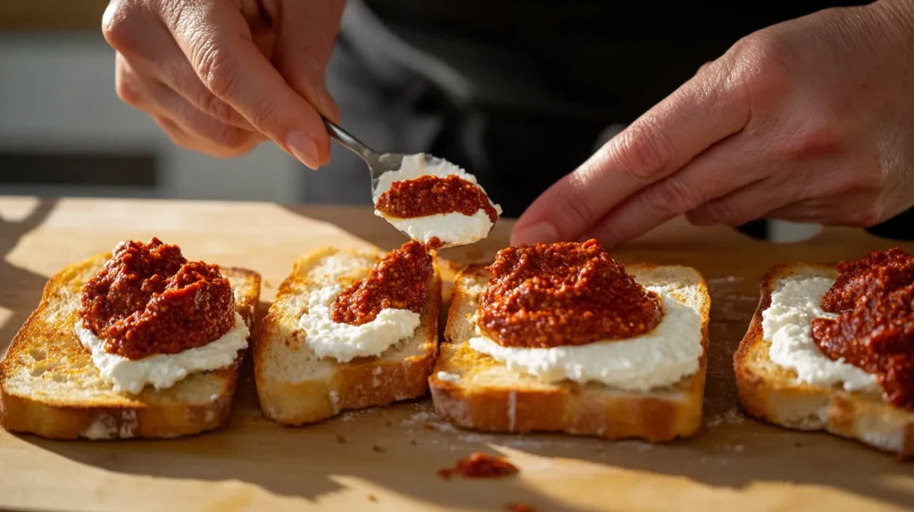 Close-up of hands assembling nduja ricotta toast with a spreader and spoon