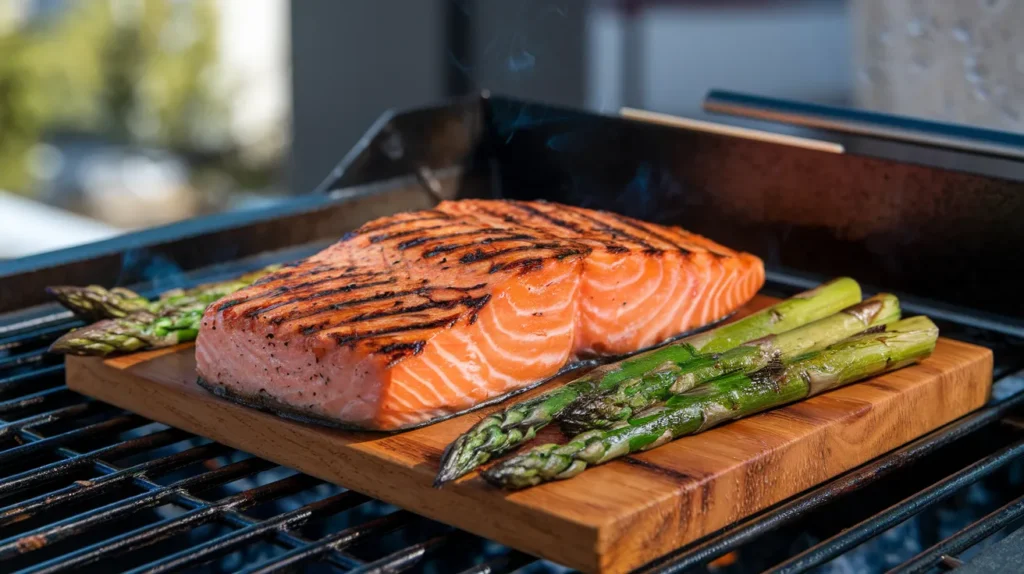 Grilled Coho salmon fillet on a cedar plank with asparagus.