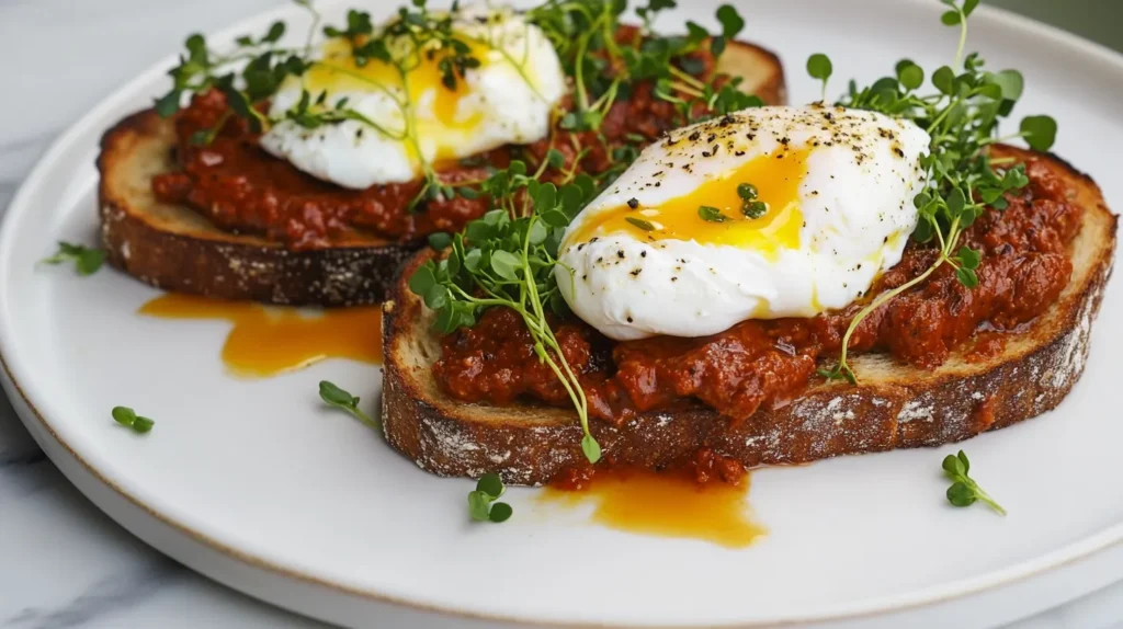 Nduja ricotta toast topped with a poached egg and microgreens.