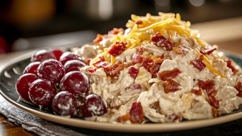 Sassy Scotty chicken salad with bacon bits and cheese, served with grape salad.