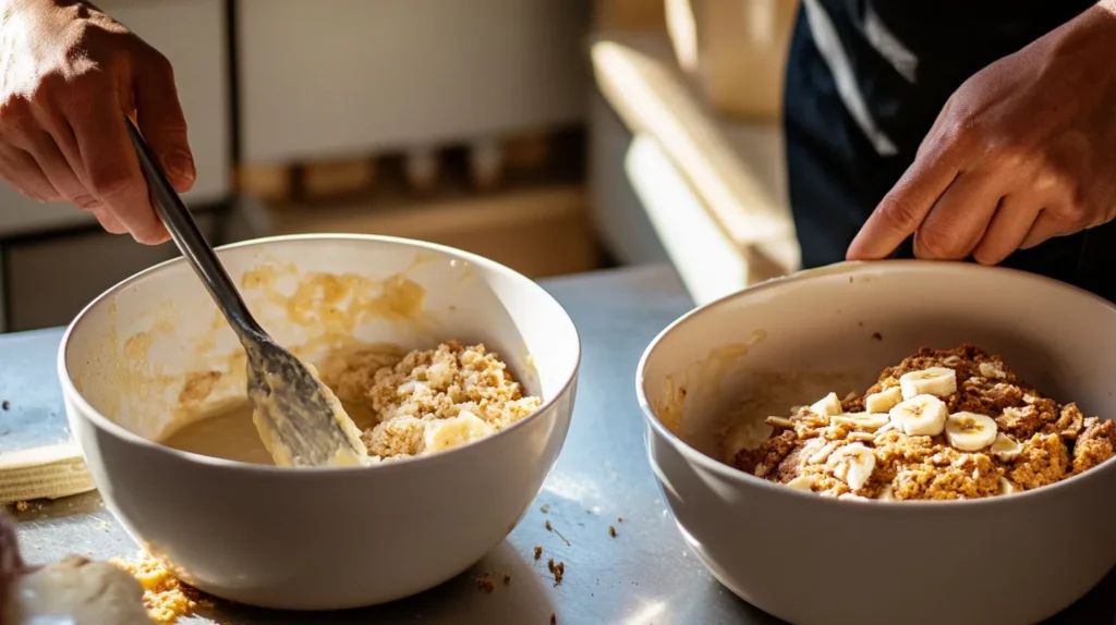 Baker mixing wet and dry ingredients for banana bread batter using oil.