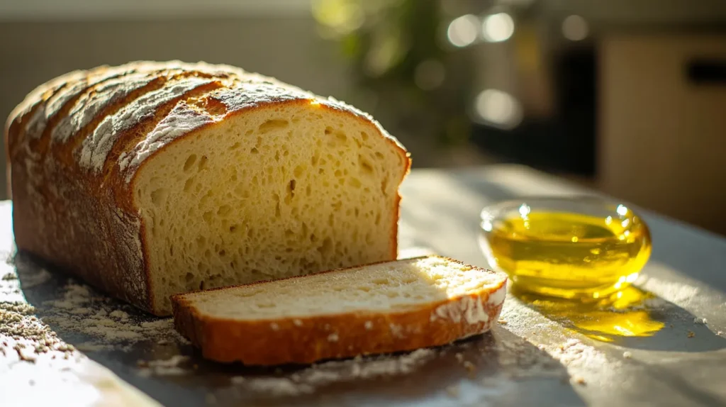 Soft loaf of sliced bread with olive oil drizzle.