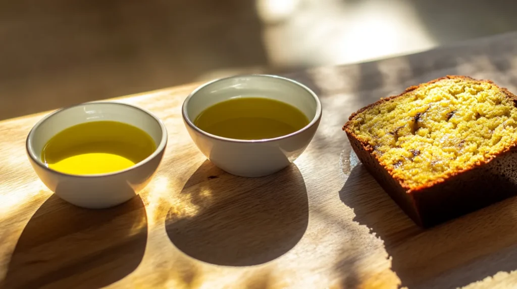 Bowls of olive oil and vegetable oil next to banana bread slices.