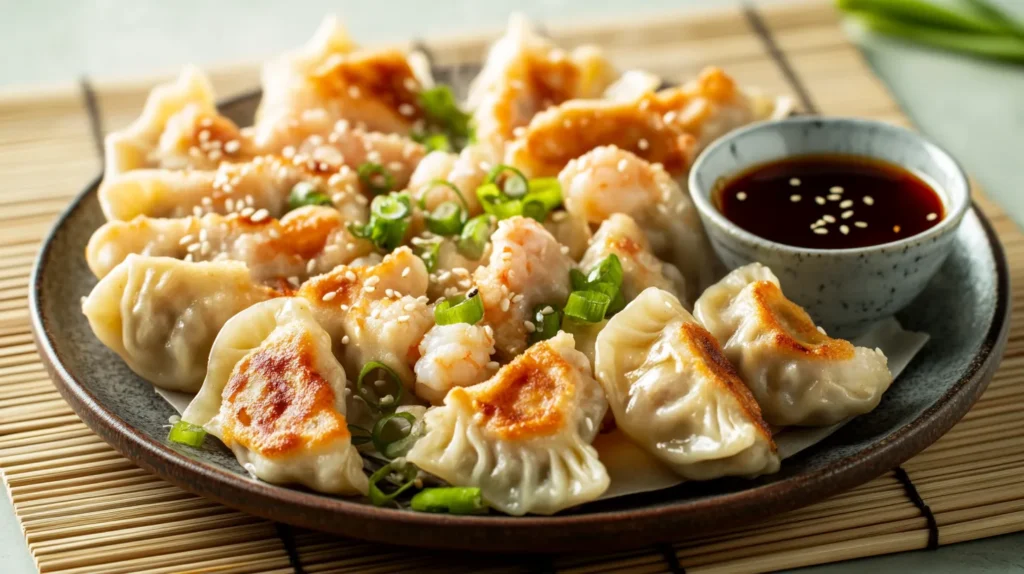 Crispy chicken and shrimp dumplings with soy dipping sauce