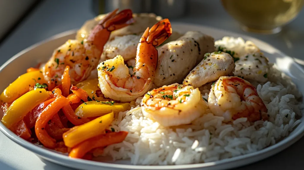 Chicken and shrimp served with rice and vegetables on a dinner plate.