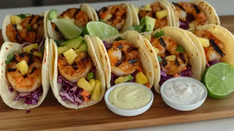 What is a Good Combo with Shrimp? 10 Shrimp tacos with pineapple salsa and avocado