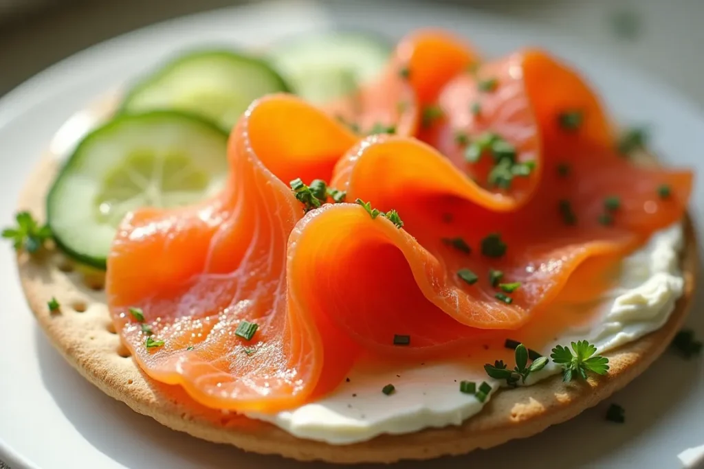 Smoked Coho salmon platter with crackers, cream cheese, and cucumbers.