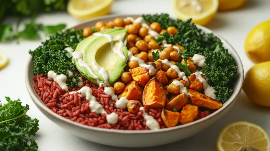 Healthy red rice Buddha bowl with roasted veggies and tahini