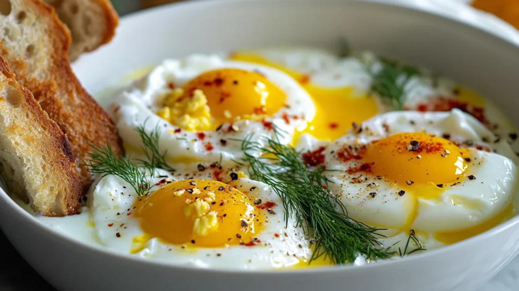 Close-up of Turkish eggs in yogurt with spiced butter