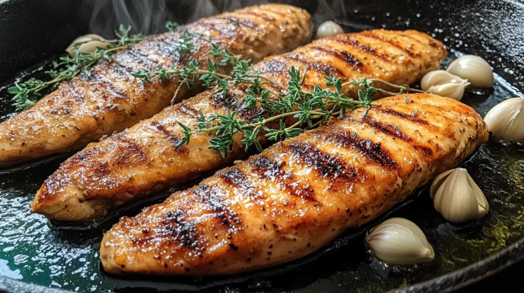 Chicken breasts being seared in a skillet with garlic and herbs