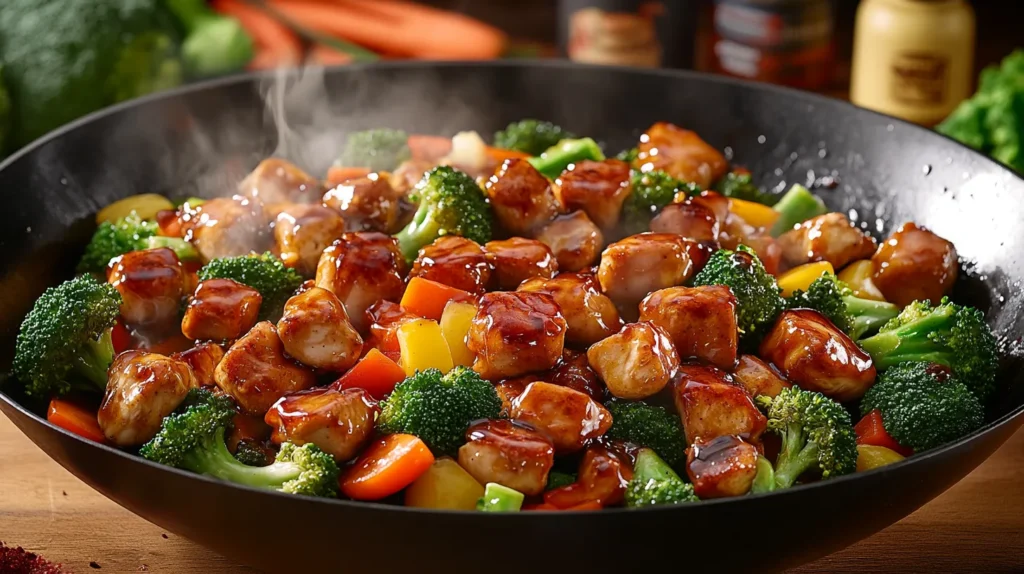 Healthy honey garlic diced chicken stir-fry with broccoli and bell peppers.