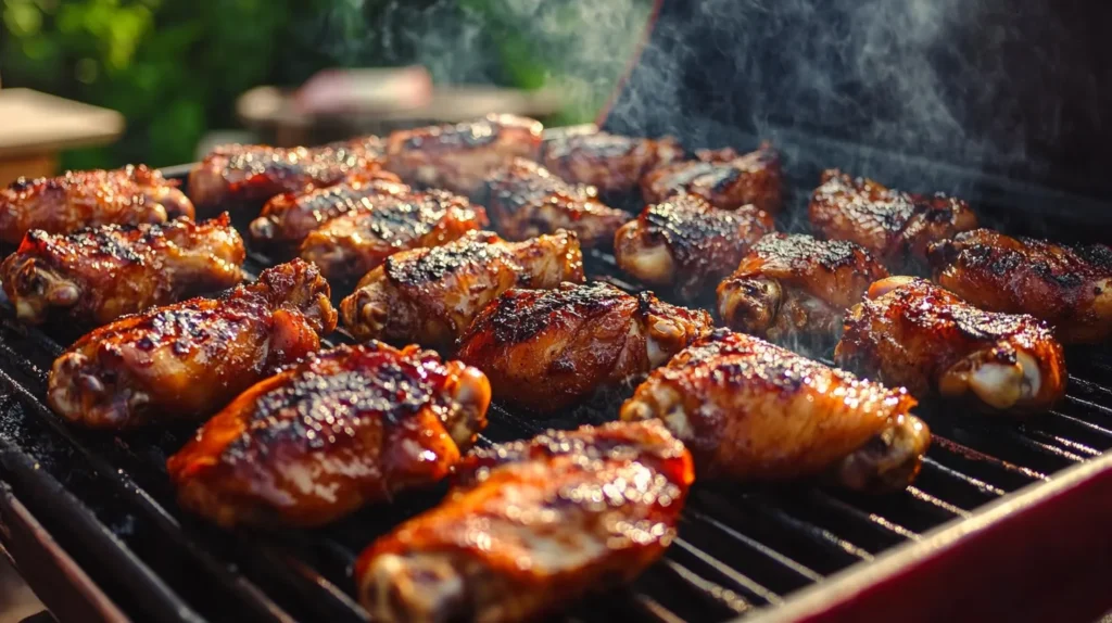 Grilled chicken thighs and wings on a barbecue with grill marks