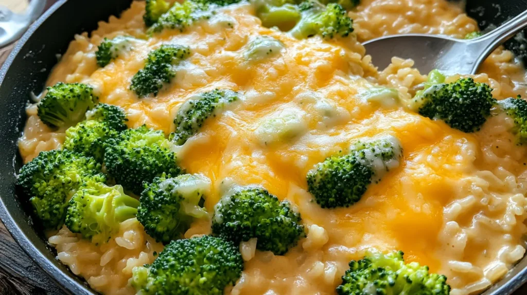 Skillet of cheesy broccoli rice topped with extra cheese.