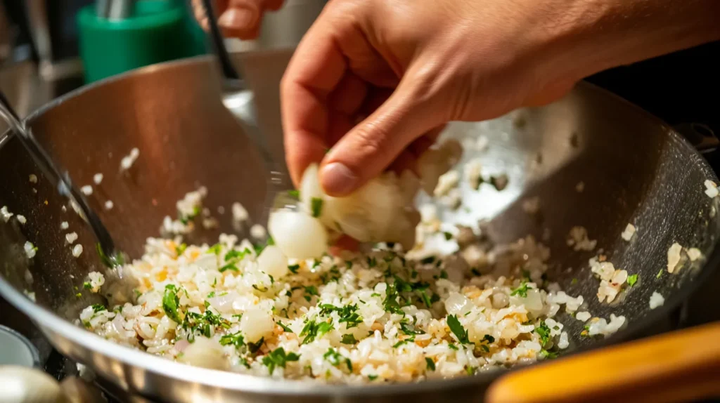 Adding garlic and herbs to rice in a pot.